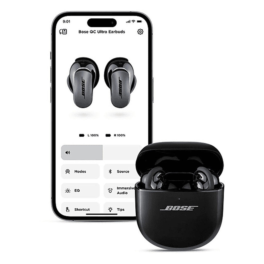 Bose QuietComfort Ultra Earbuds in black shown with smartphone app for control and settings.