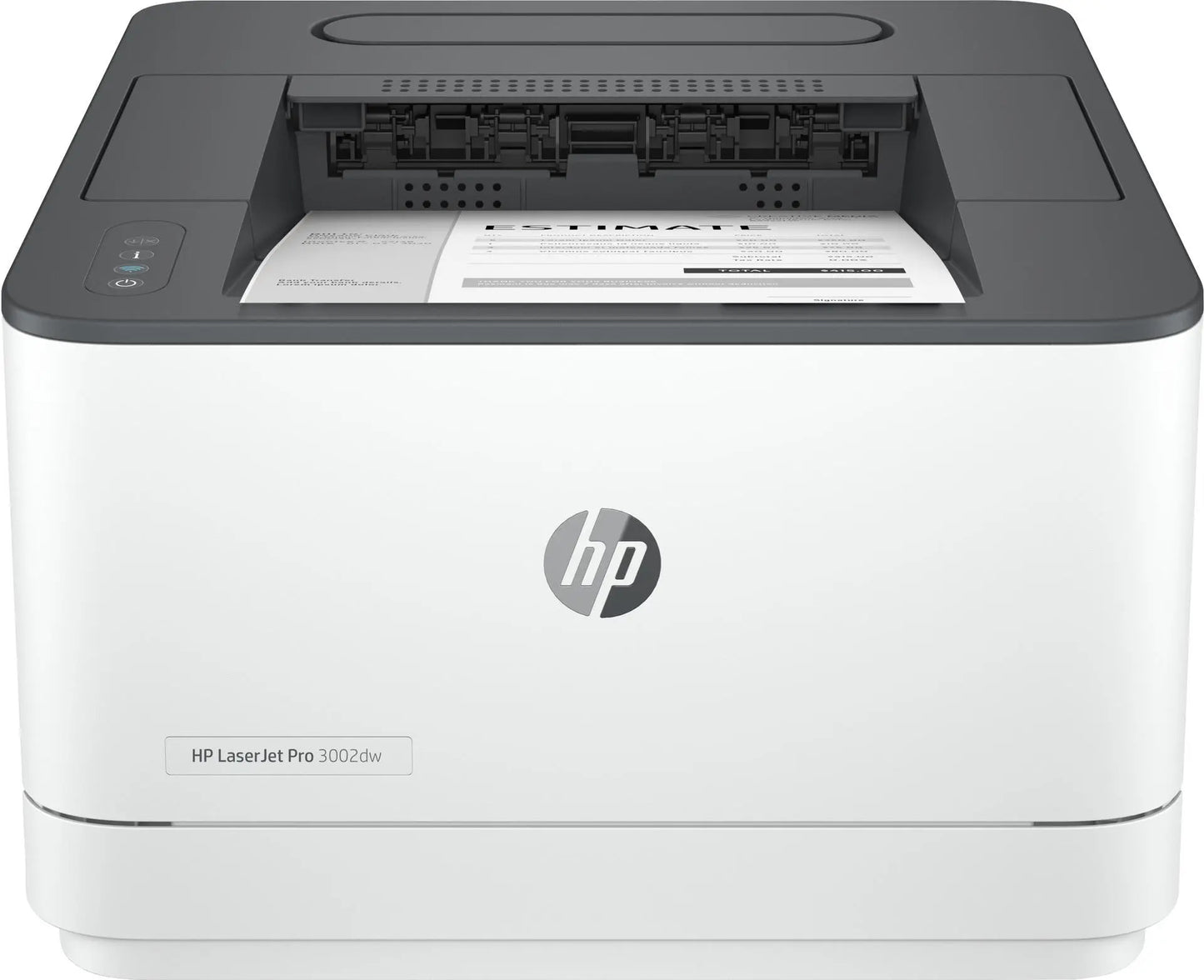 HP LaserJet Pro 3002dw Drucker mit oberem Papiereinzug und Druckauftrag.