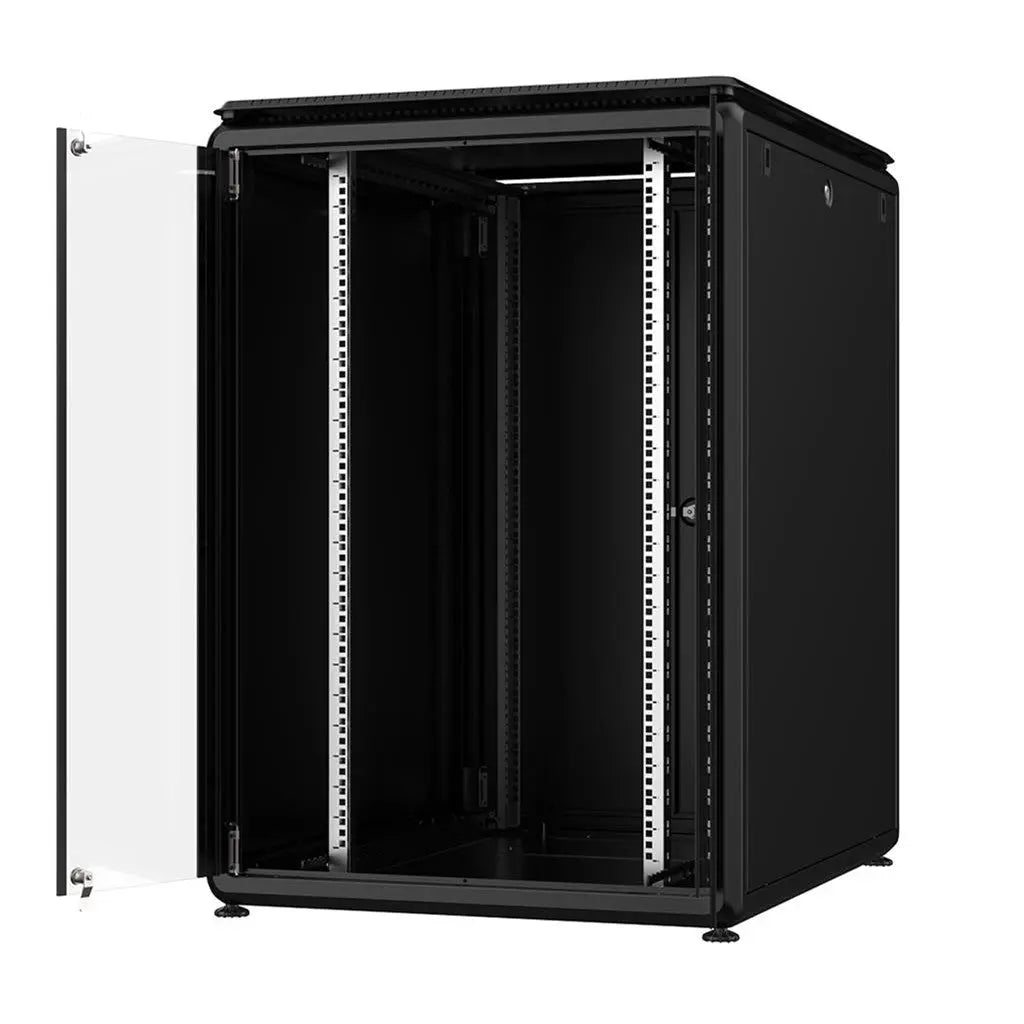 Rockstable PL 19" 22HE 800x1000 open server cabinet showing interior design and structure.
