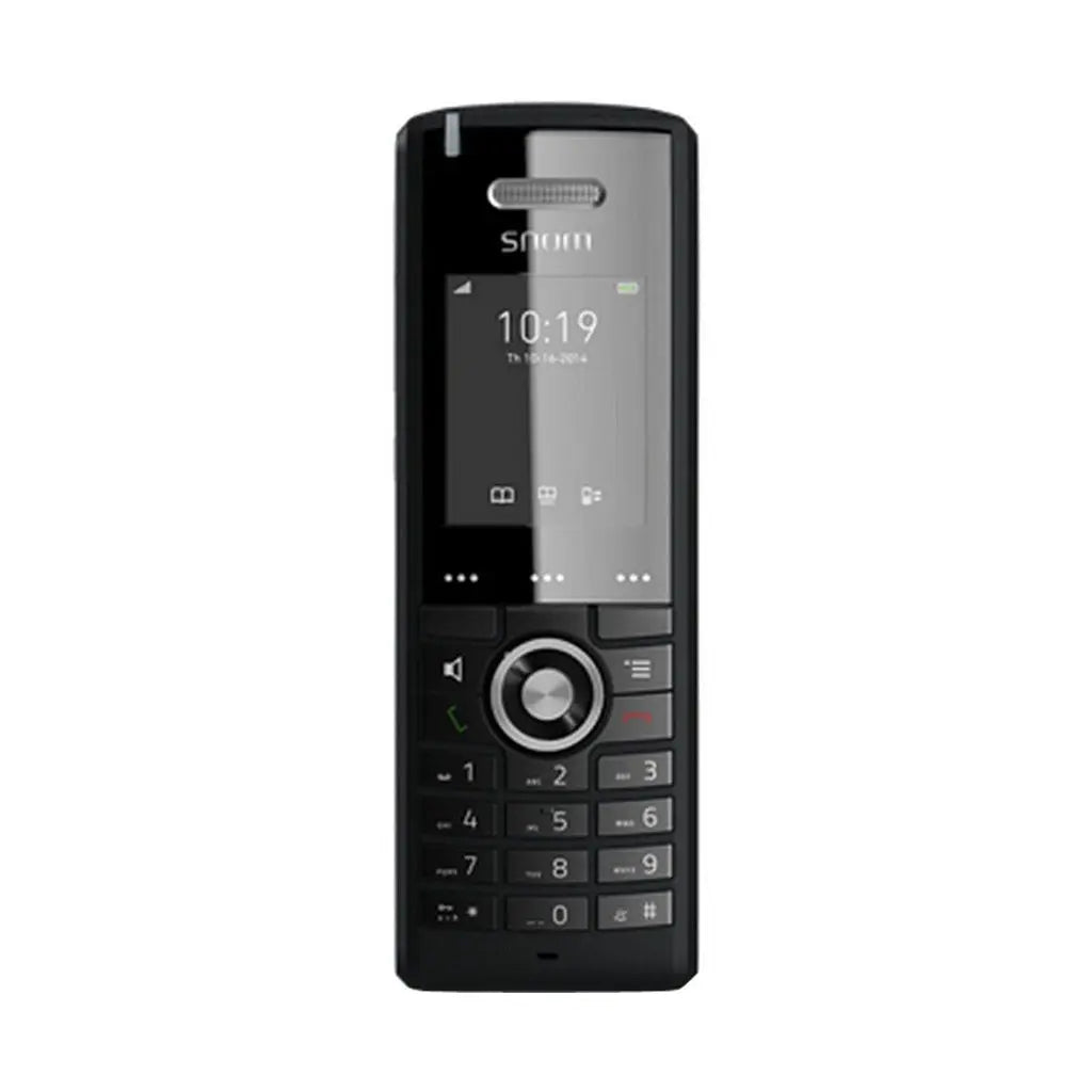 Snom M65 VoIP cordless phone in black with data display and ergonomic keypad features.