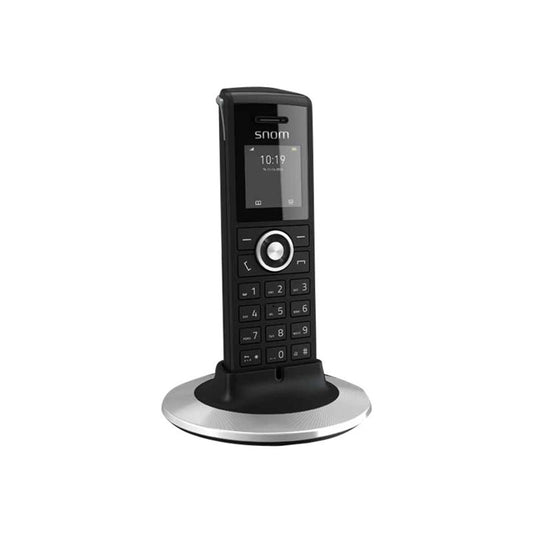 Snom M25 VoIP cordless phone with HD audio, black color, TFT display, rechargeable NiMH battery, and DECT connectivity.