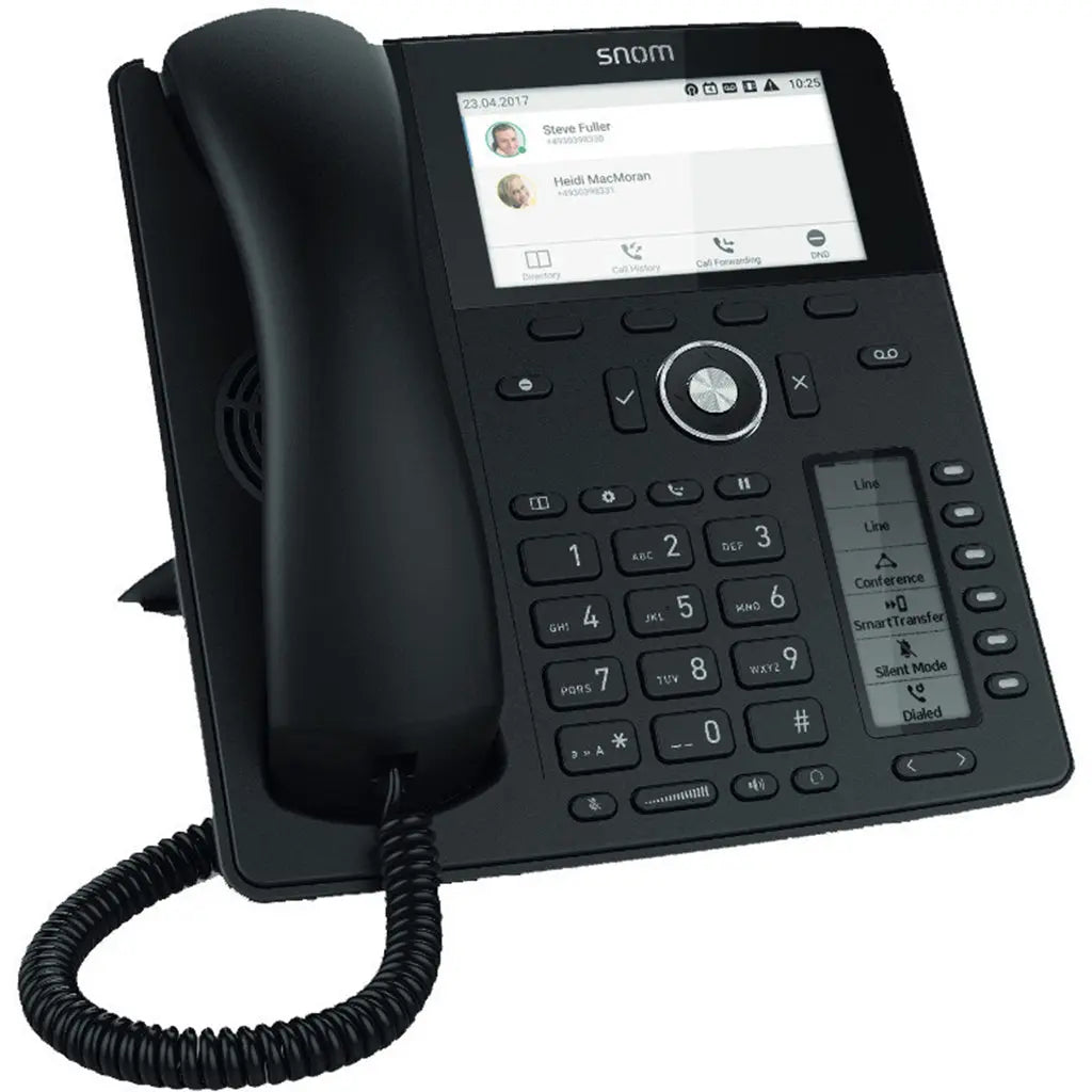 Snom D785 black VoIP phone with TFT display, featuring PoE, caller ID, and 3-way conferencing functions.