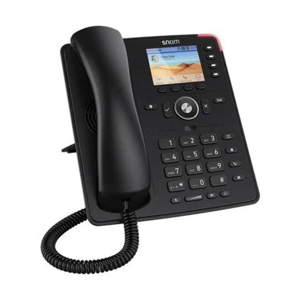 Snom D713 VoIP telephone with touchscreen, color display, and integrated switch, in black.