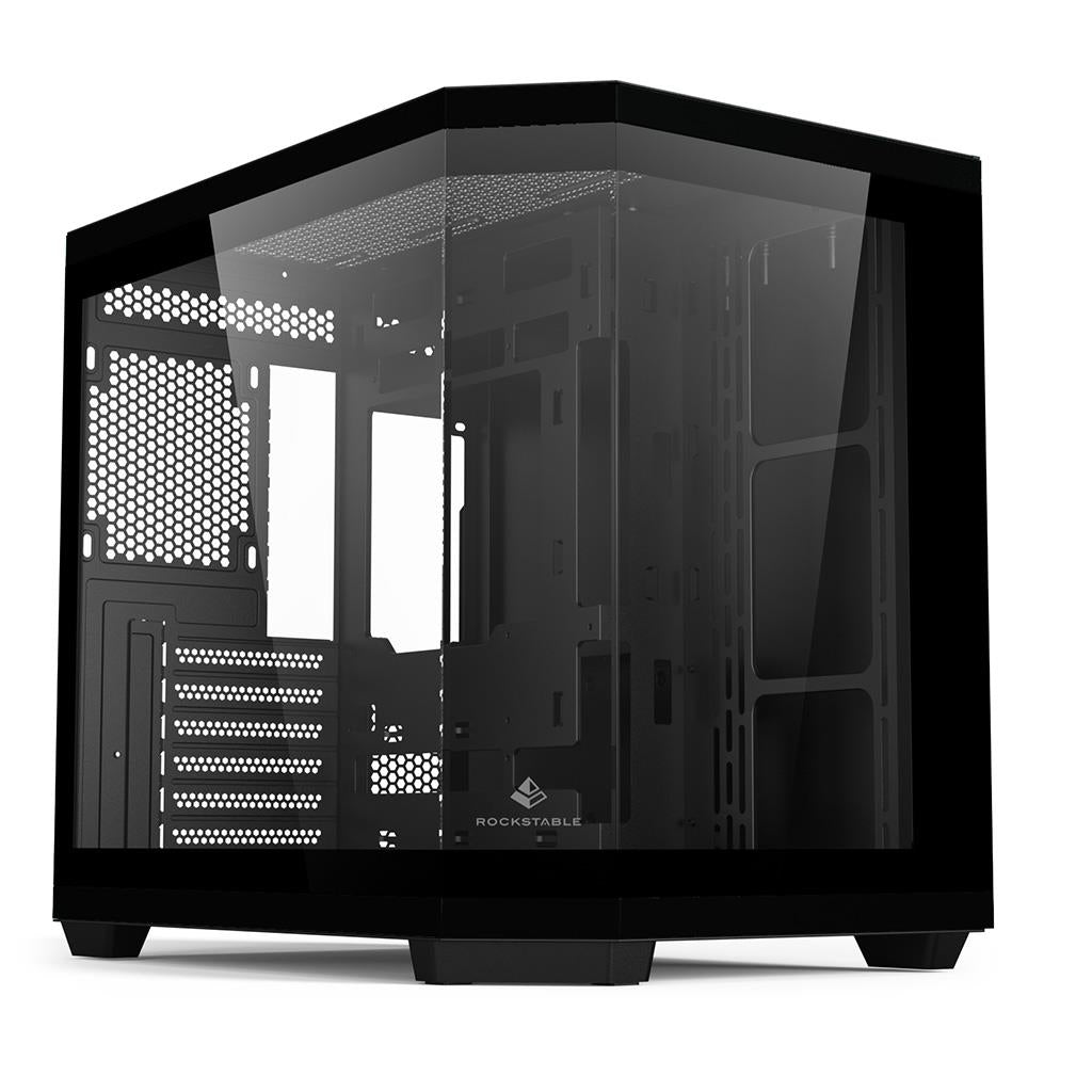 Rockstable Stonecliff Computer Case ATX, mATX, ITX 180° Glas Panorama | Unterstützt Mainboards mit hinteren Anschlüssen