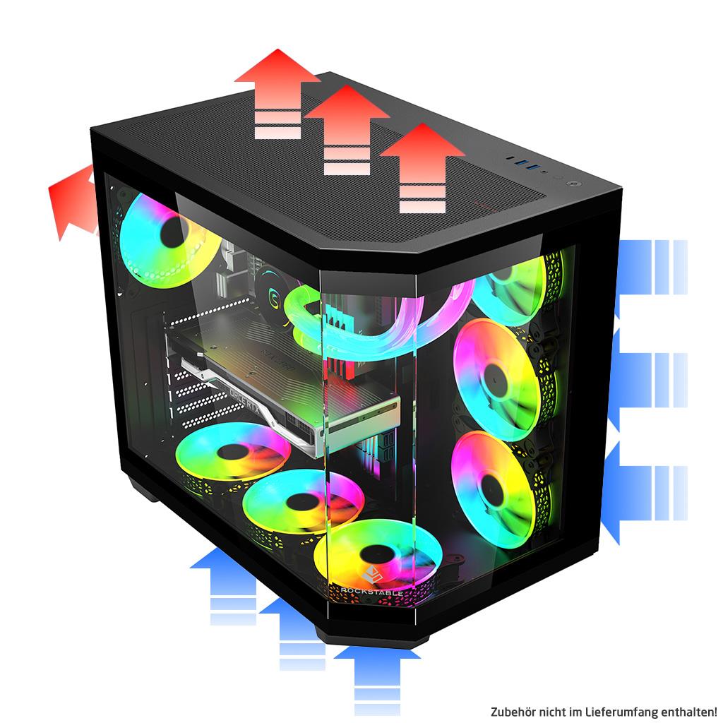 Rockstable Stonecliff Computer Case ATX, mATX, ITX 180° Glas Panorama | Unterstützt Mainboards mit hinteren Anschlüssen