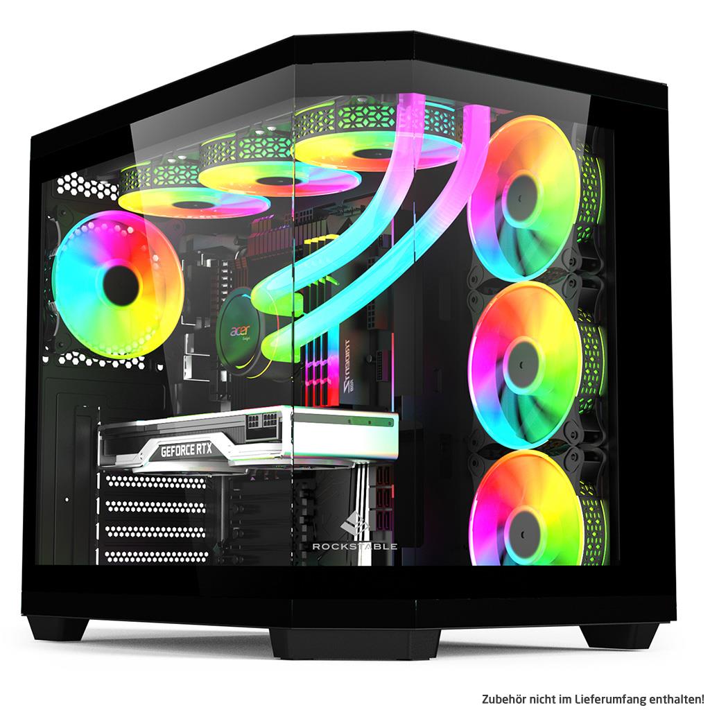 Rockstable Stonecliff Computer Case ATX, mATX, ITX 180° Glas Panorama | Unterstützt Mainboards mit hinteren Anschlüssen