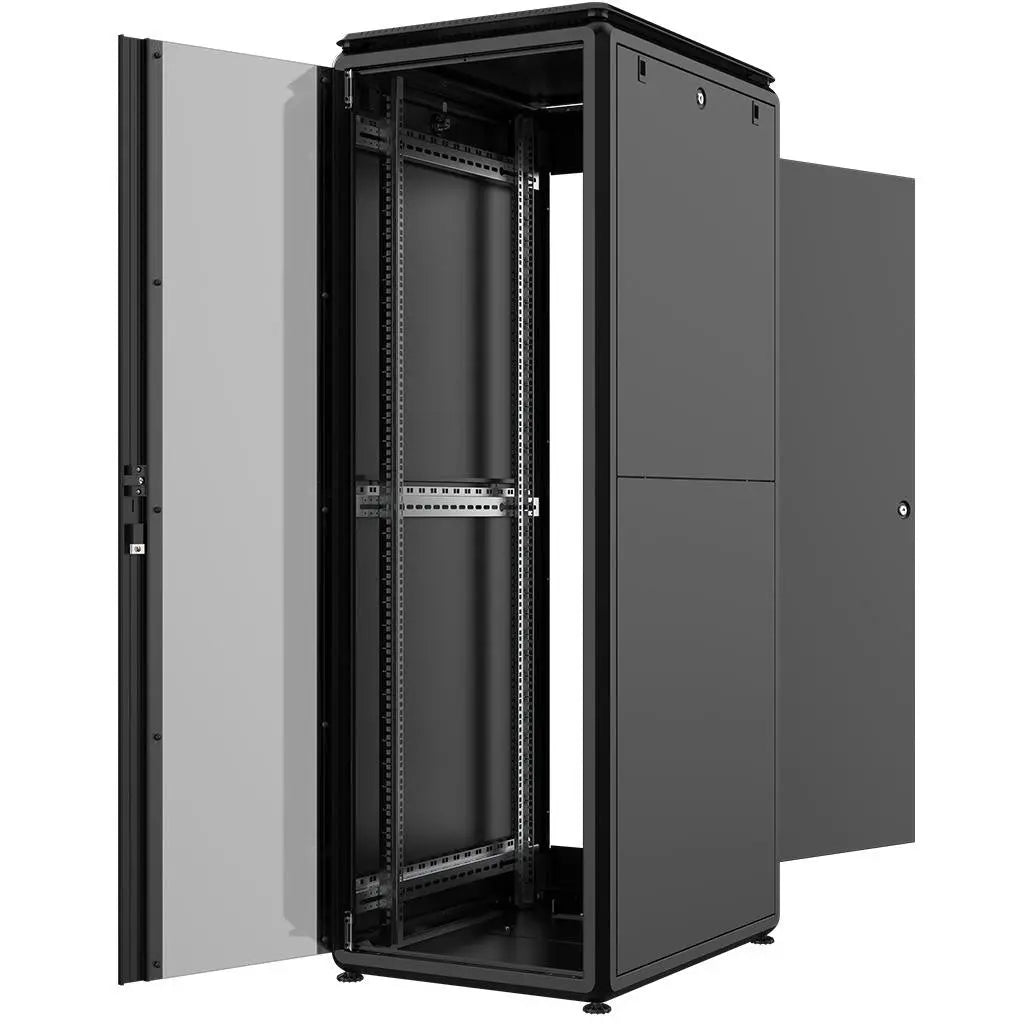 Rockstable PL 19" 36HE 600x800 Standschrank mit Glastür und Stahltür in schwarz, für elektronische Geräte.