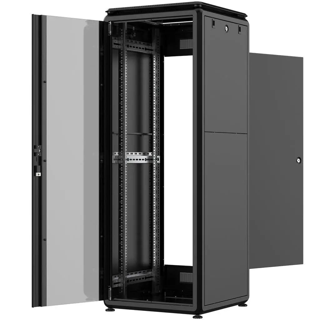 Rockstable PL 19" 32HE 600x600 with open doors showcasing internal rack and adjustable leveling feet.