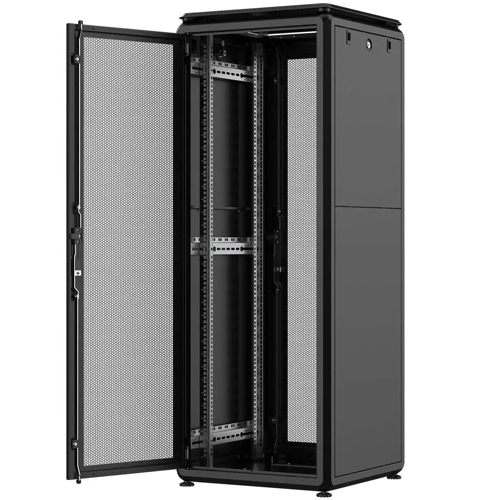 Rockstable PL 19" 32HE 600x600 open server rack cabinet with mesh doors and adjustable leveling feet.