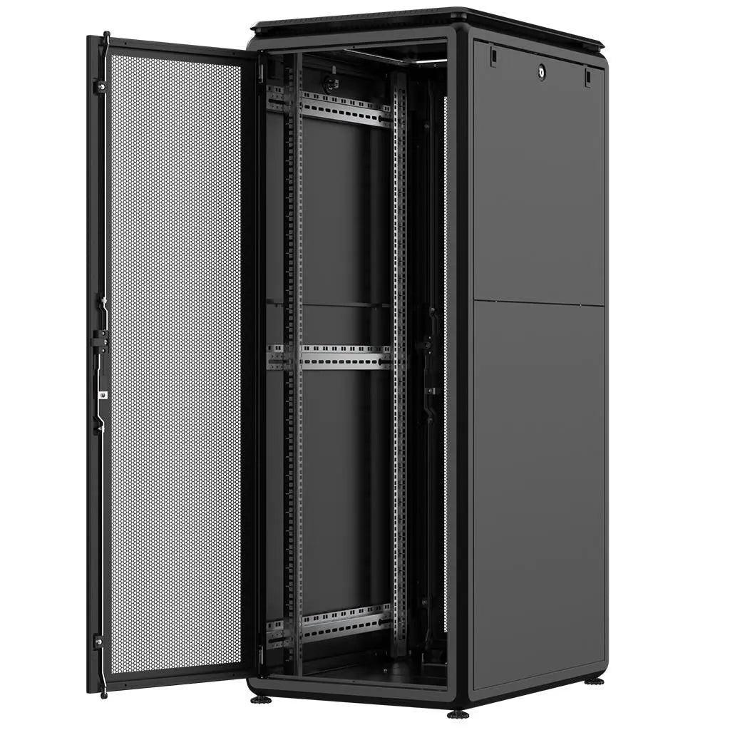 Rockstable PL 19" 32HE 600x800 open rack with perforated front door and adjustable leveling feet.