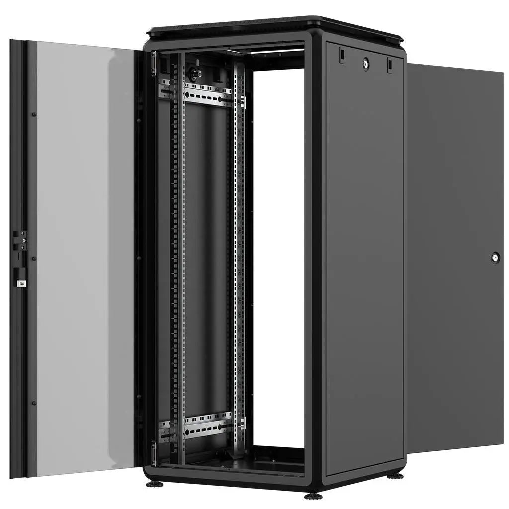 Rockstable PL 19" 26HE 600x600 open server cabinet showcasing internal structure and adjustable features.