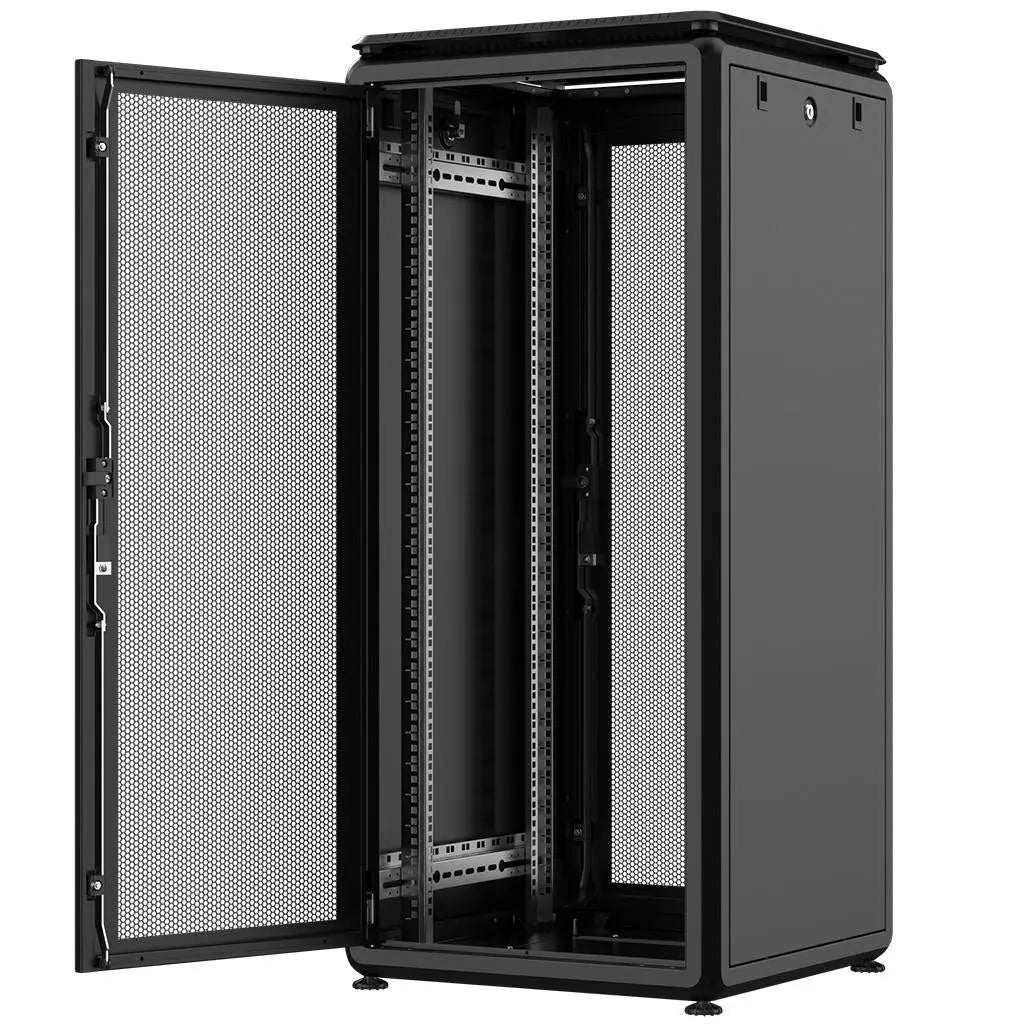 Rockstable PL 19" 26HE 600x600 open rack cabinet with perforated doors and adjustable feet.