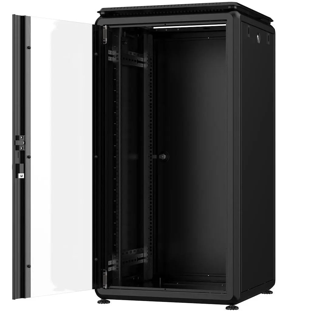 Rockstable PL 19" 22HE 600x600 open rack cabinet with glass front door and adjustable feet.