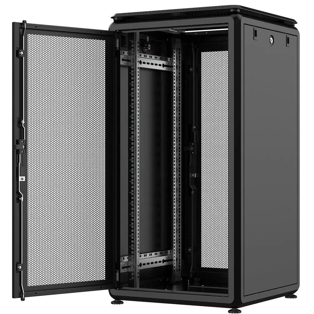 Rockstable PL 19" 22HE 600x600 open server rack, showcasing adjustable feet and perforated doors.