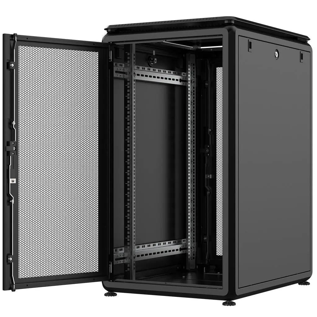 Rockstable PL 19" 20HE 600x800 stands cabinet with perforated doors and adjustable leveling feet.
