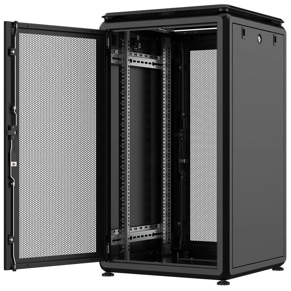 Rockstable PL 19" 20HE 600x600 open view showing internal structure and perforated doors