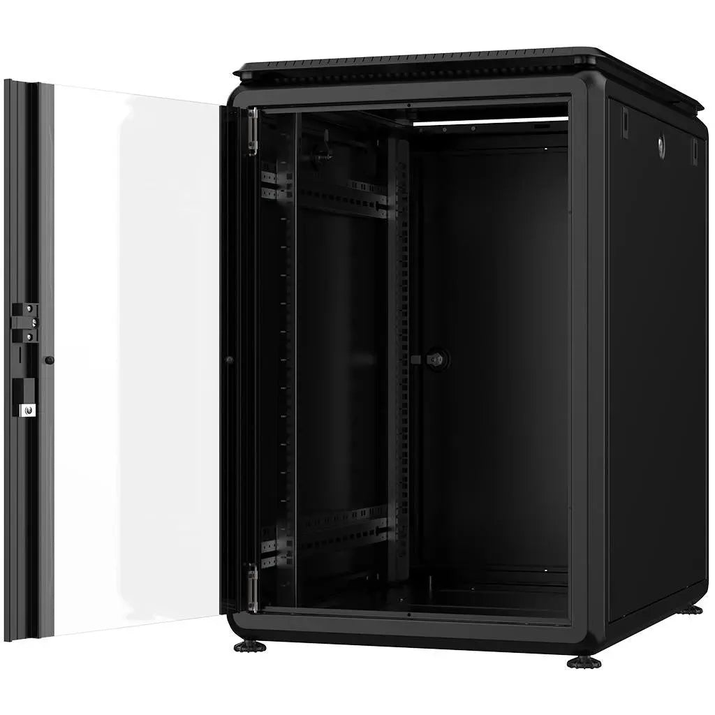 Rockstable PL 19" 16HE 600x800 - offenes Rack mit Glastür und Platz für Geräte im Innenraum.