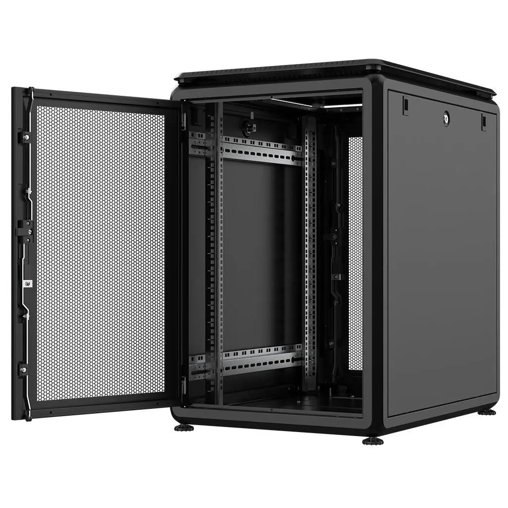 Rockstable PL 19" 16HE 600x800 open cabinet view with perforated front door and adjustable leveling feet.