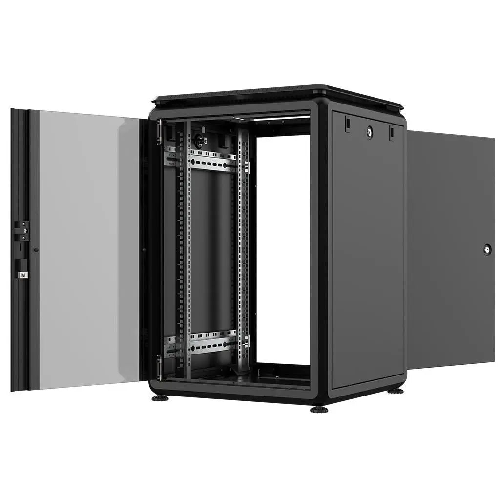 Rockstable PL 19" 16HE 600x600 offener Standschrank mit Glastür und Stahltür, optimal für IT-Anwendungen.