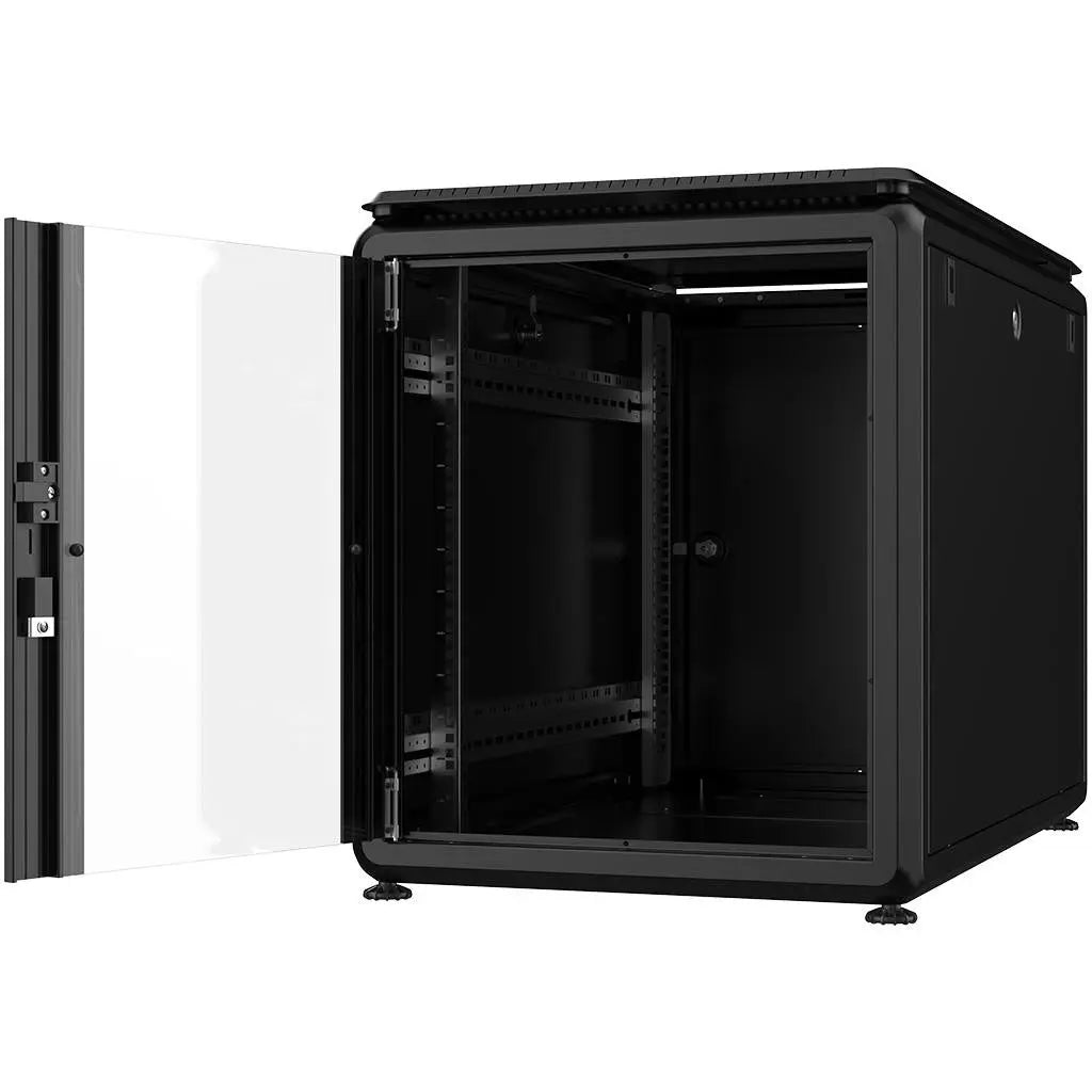 Rockstable PL 19" 12HE 600x1000 open view with glass front door and adjustable feet, perfect for secure equipment storage.