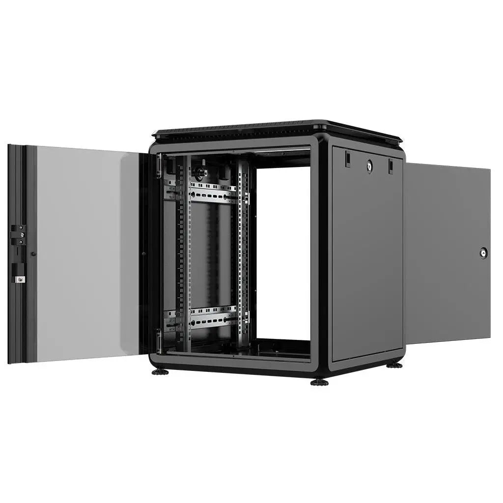 Rockstable PL 19" 12HE 600x600 open rack cabinet showing interior and doors.
