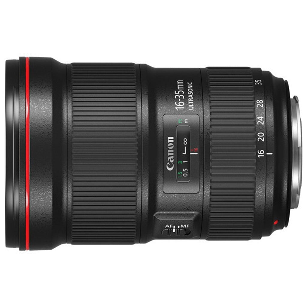 Canon EF 16-35mm wide-angle zoom lens with USM autofocus, designed for full-frame cameras, weather-resistant construction.