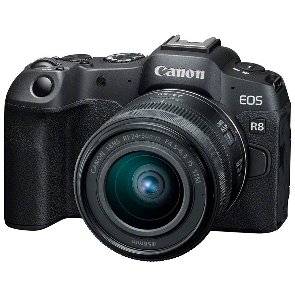 Canon EOS R8 mirrorless camera with RF 24-50mm lens, ideal for vloggers and content creators.