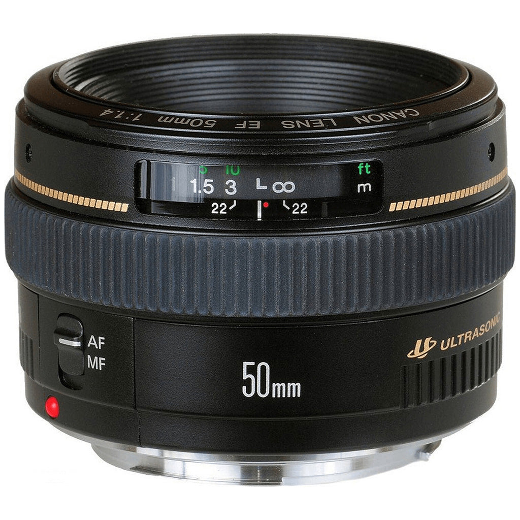 Canon EF 50mm f/1.4 USM lens with Ultrasonic motor, featuring autofocus/manual focus switch and 8 aperture blades.