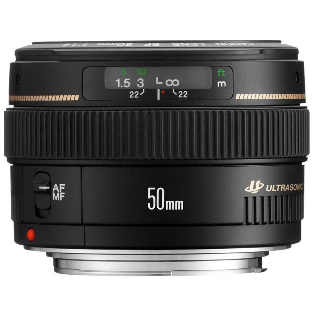 Canon EF 50mm f/1.4 USM lens front view, featuring ultrasonic motor and AF/MF switch.
