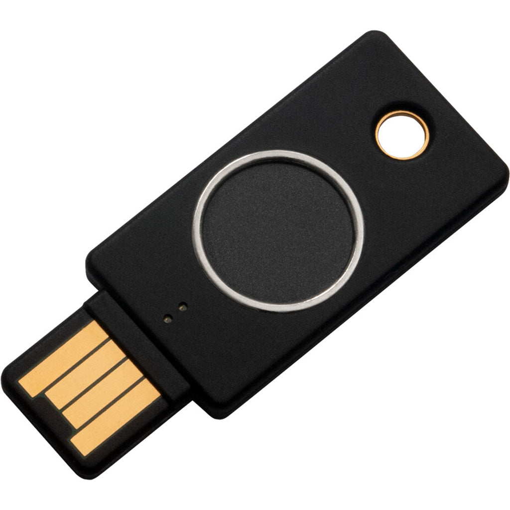YUBICO YubiKey Bio Fido-Stick in black with USB A connection for secure authentication and data access.