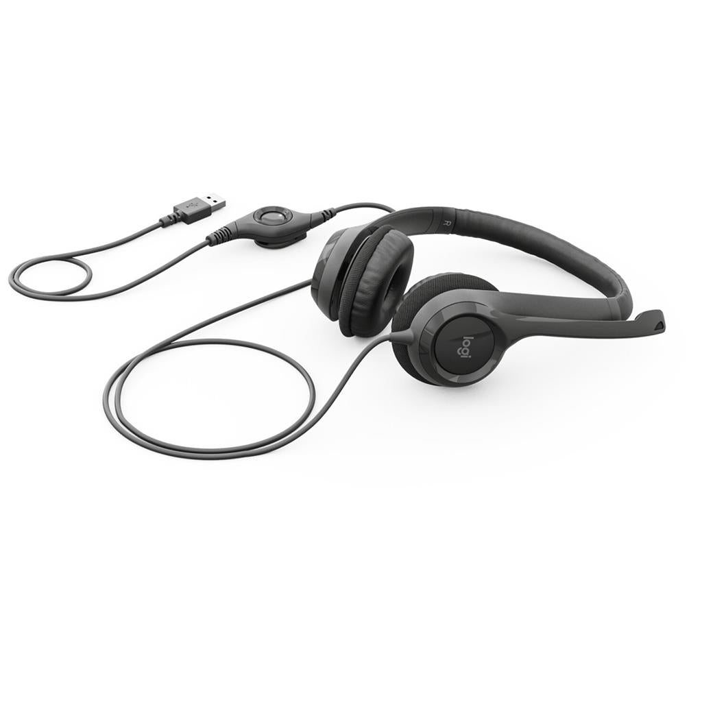 Logitech Headset H390 USB with cable and volume control for PC, stereo sound and adjustable features.
