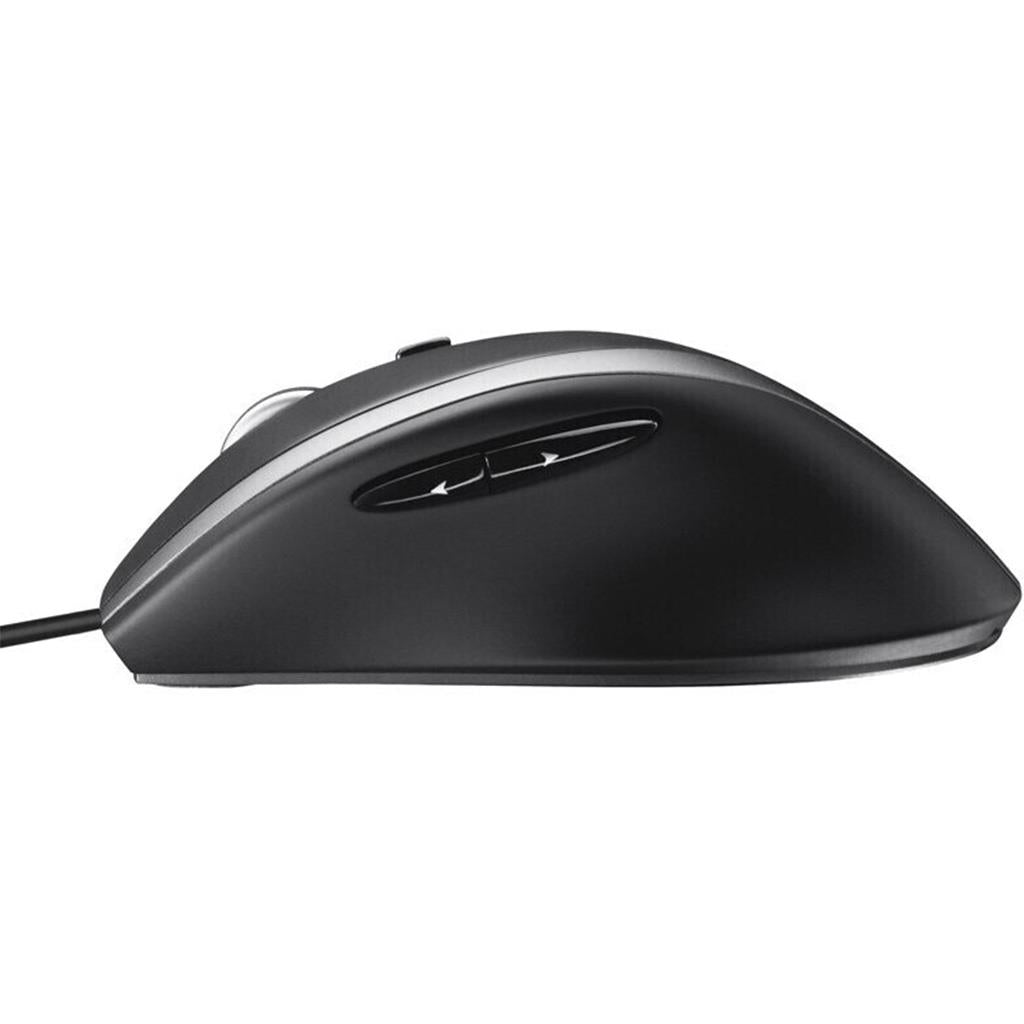 Logitech Maus M500s Advanced black wired mouse side view showcasing buttons and ergonomic design.