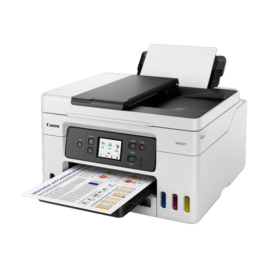 Canon Pixma GX4050 3in1 Tinte printing document with front panel display and multiple color cartridges.