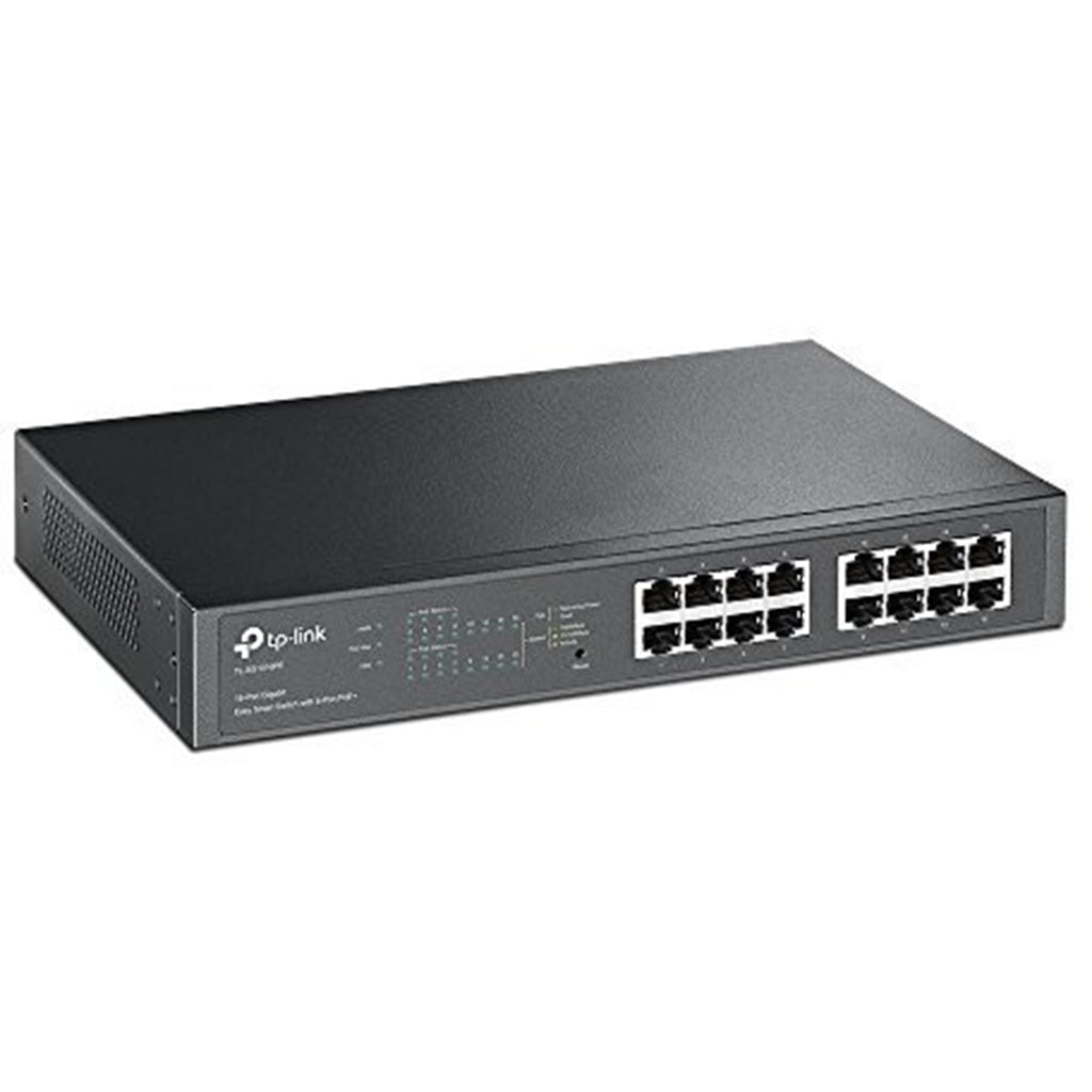 TP-Link TL-SG1016PE rackmount PoE switch with 16 ports and 110W power output.