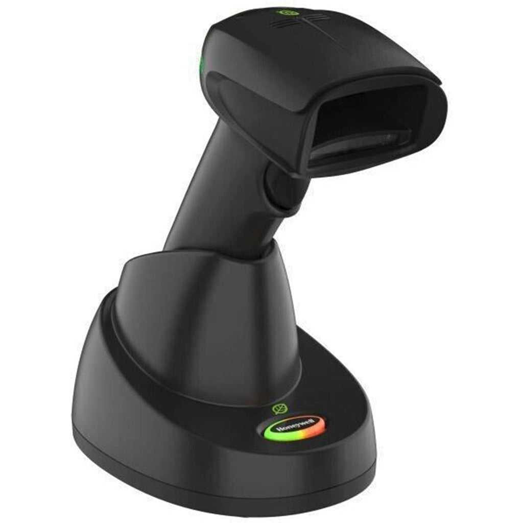 Honeywell 952GSR-2USB-5-R barcode scanner in black with Bluetooth and USB connectivity, powered by rechargeable battery.