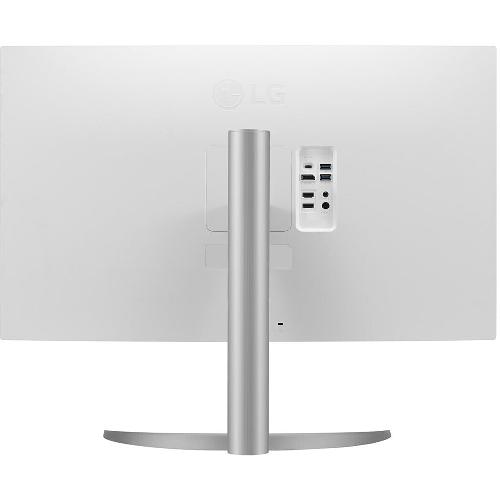 Rückansicht des LG 32UP55NP-W 31,5 Zoll 4K Monitors mit Anschlüssen und stabilem Standfuß.