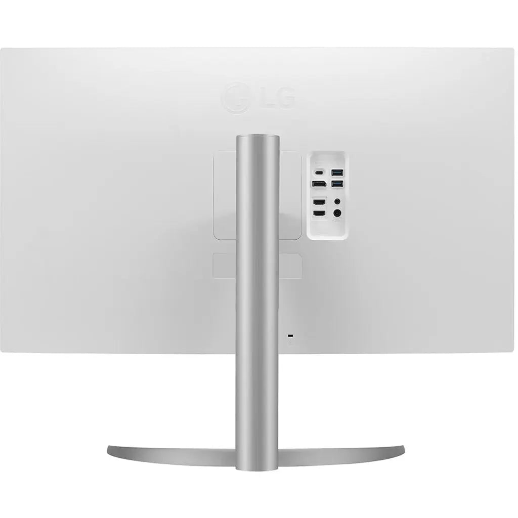 Rückansicht des LG 32UP55NP-W 31,5 Zoll 4K Monitors mit Anschlüssen und stabilem Standfuß.