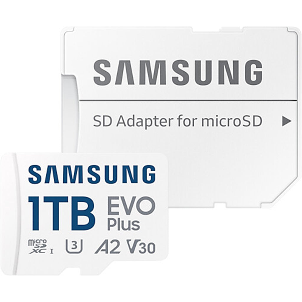 Samsung Evo Plus 1TB microSD card and SD adapter, featuring UHS Speed Class U3 and A2 performance.