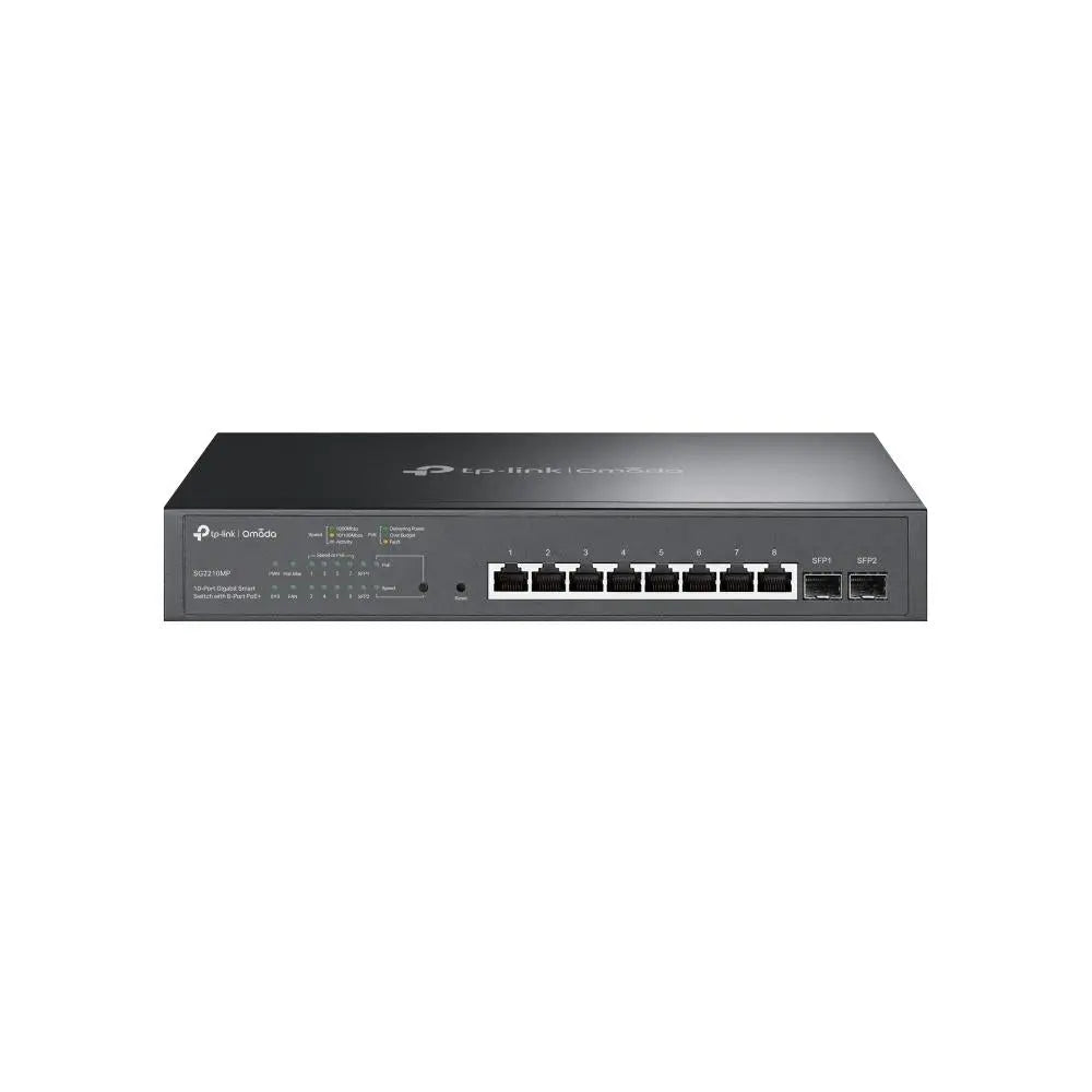 TP-LINK Omada SG2210MP JetStream Switch front view with ports and management features displayed.