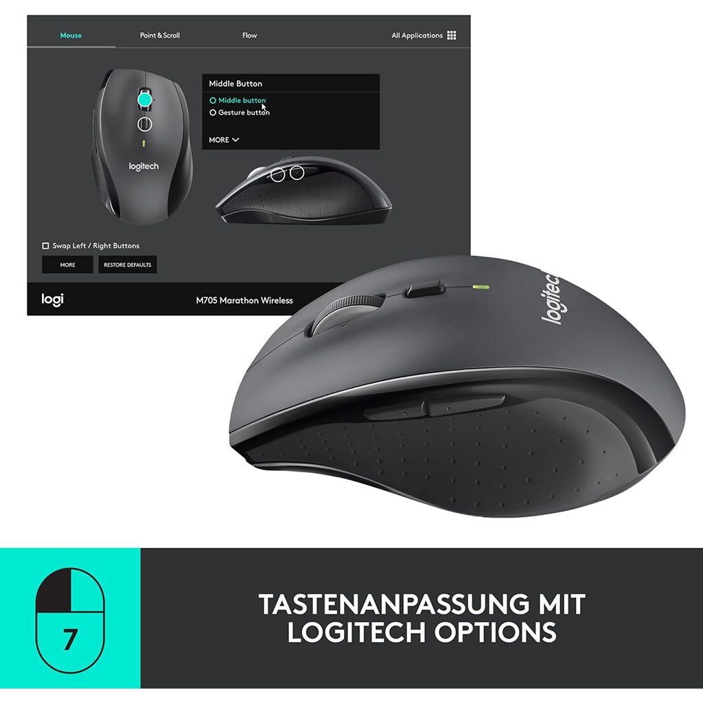 Logitech Maus Marathon M705 mit Anpassungssoftware Logitech Options auf Bildschirm.