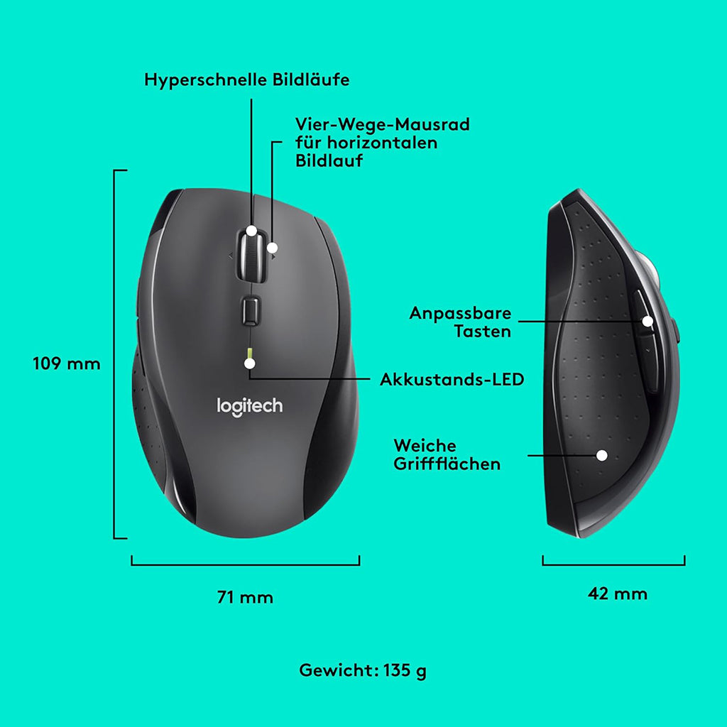 Logitech Maus Marathon M705 mit Hyperschnelle und anpassbaren Tasten, Gewicht 135 g, Breite 71 mm, Höhe 109 mm, Tiefe 42 mm.