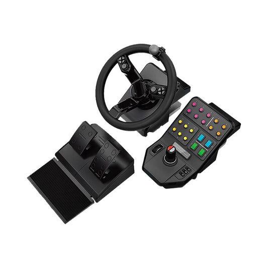 Logitech Heavy Equipment - G-Ser gaming steering wheel with throttle, pedal unit, and multifunction control panel.