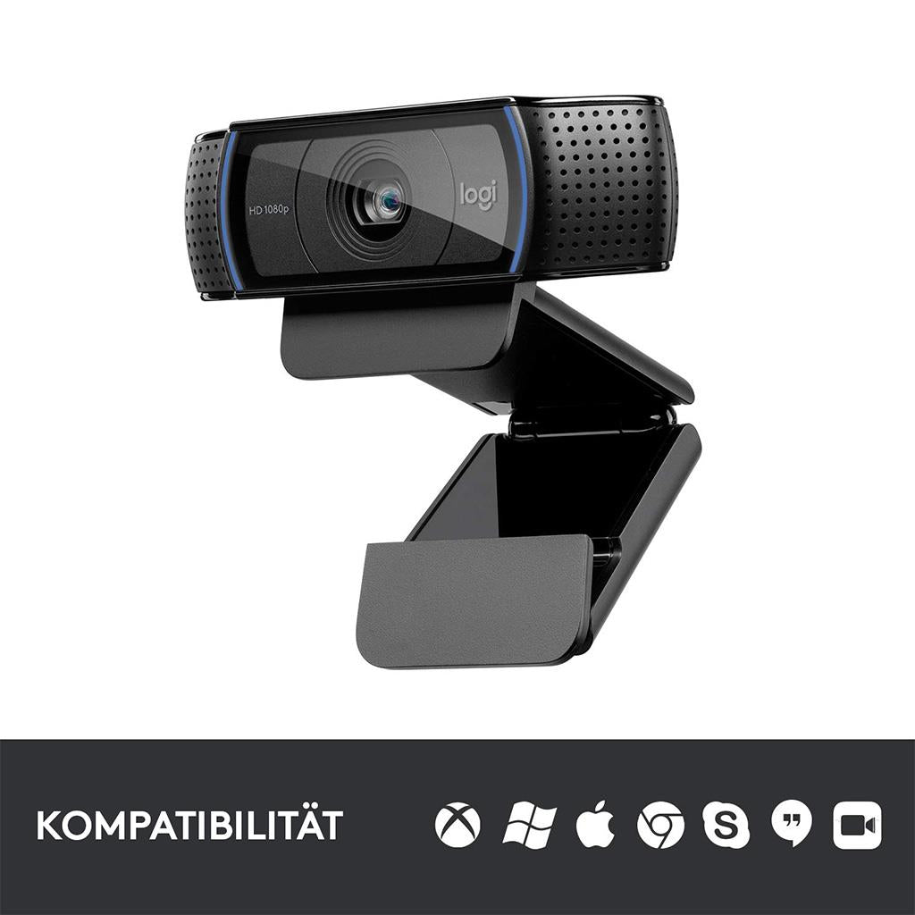 Logitech Webcam C920 HD Pro USB with adjustable mount and compatibility icons for various operating systems.