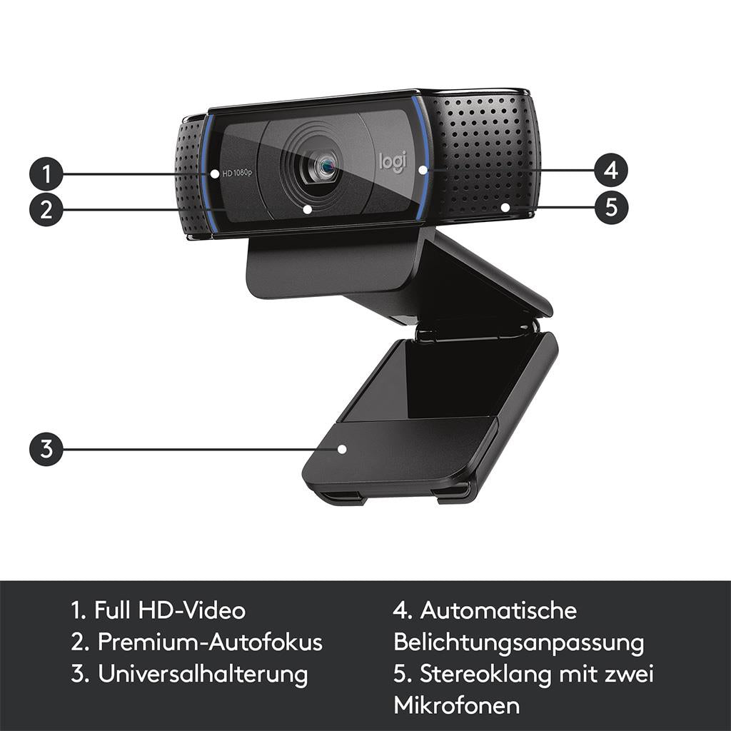 Logitech Webcam C920 HD Pro USB with Full HD video, premium autofocus, and automatic light adjustment features.
