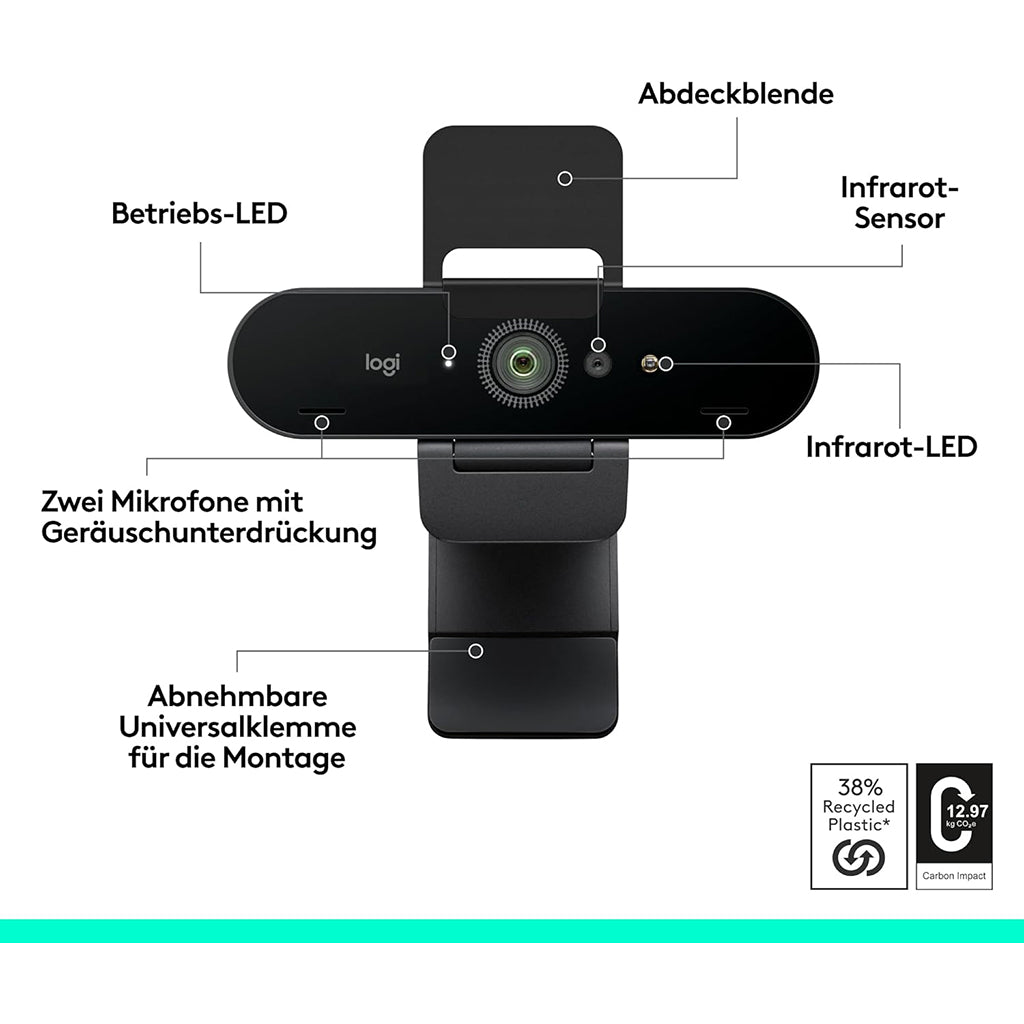 Logitech Webcam Brio 4K Ultra-HD with LED indicators and dual microphones for enhanced audio quality.