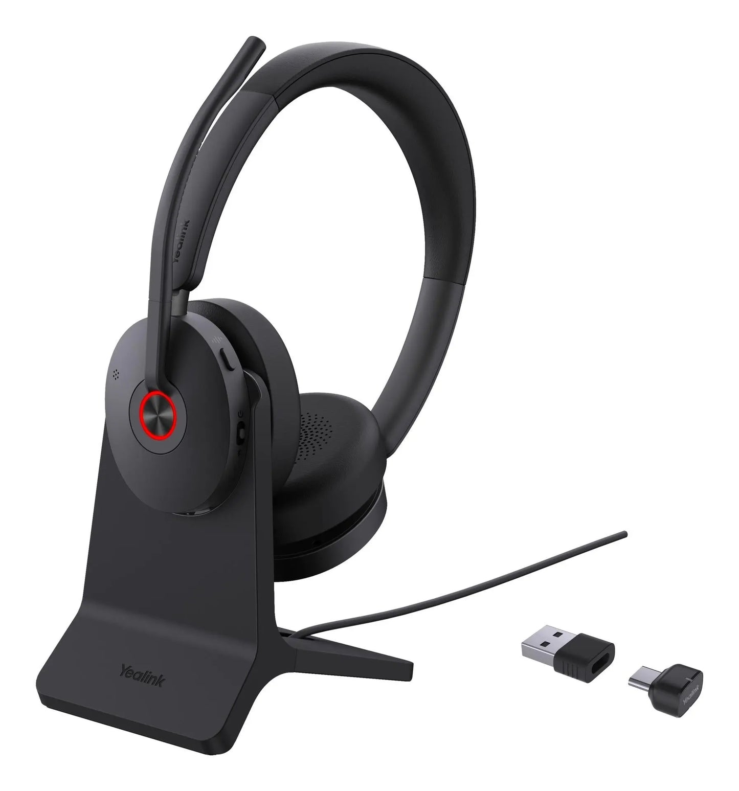 Yealink BH74 Headset with USB dongle and stand for wireless professional communication.