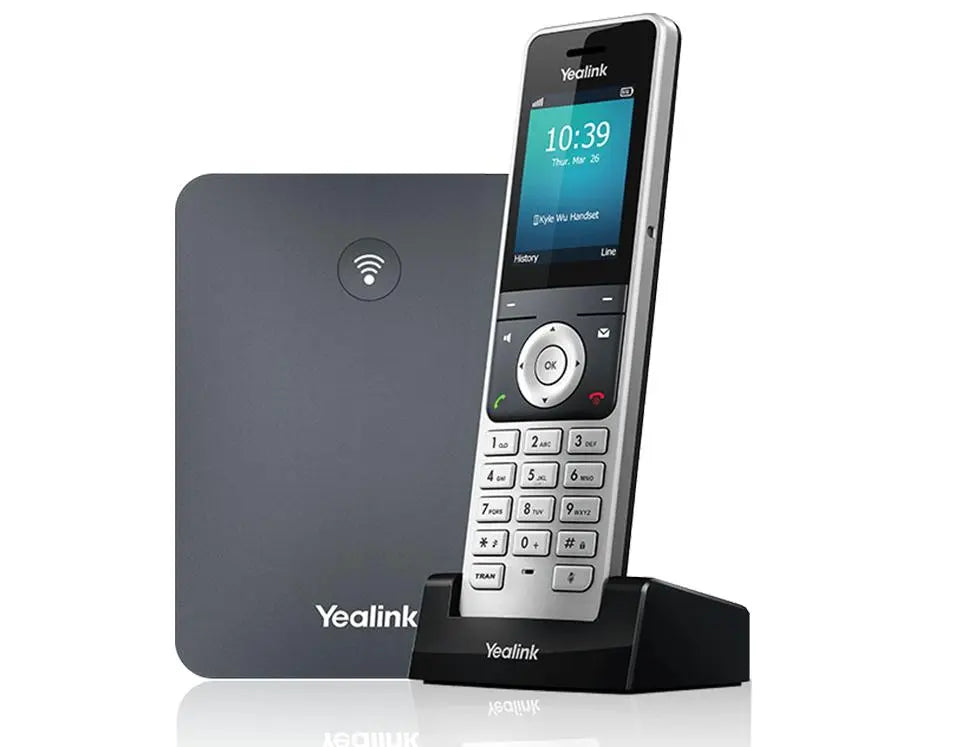 Yealink W76P VoIP-Telefon Refurbished mit Ladestation und Display.