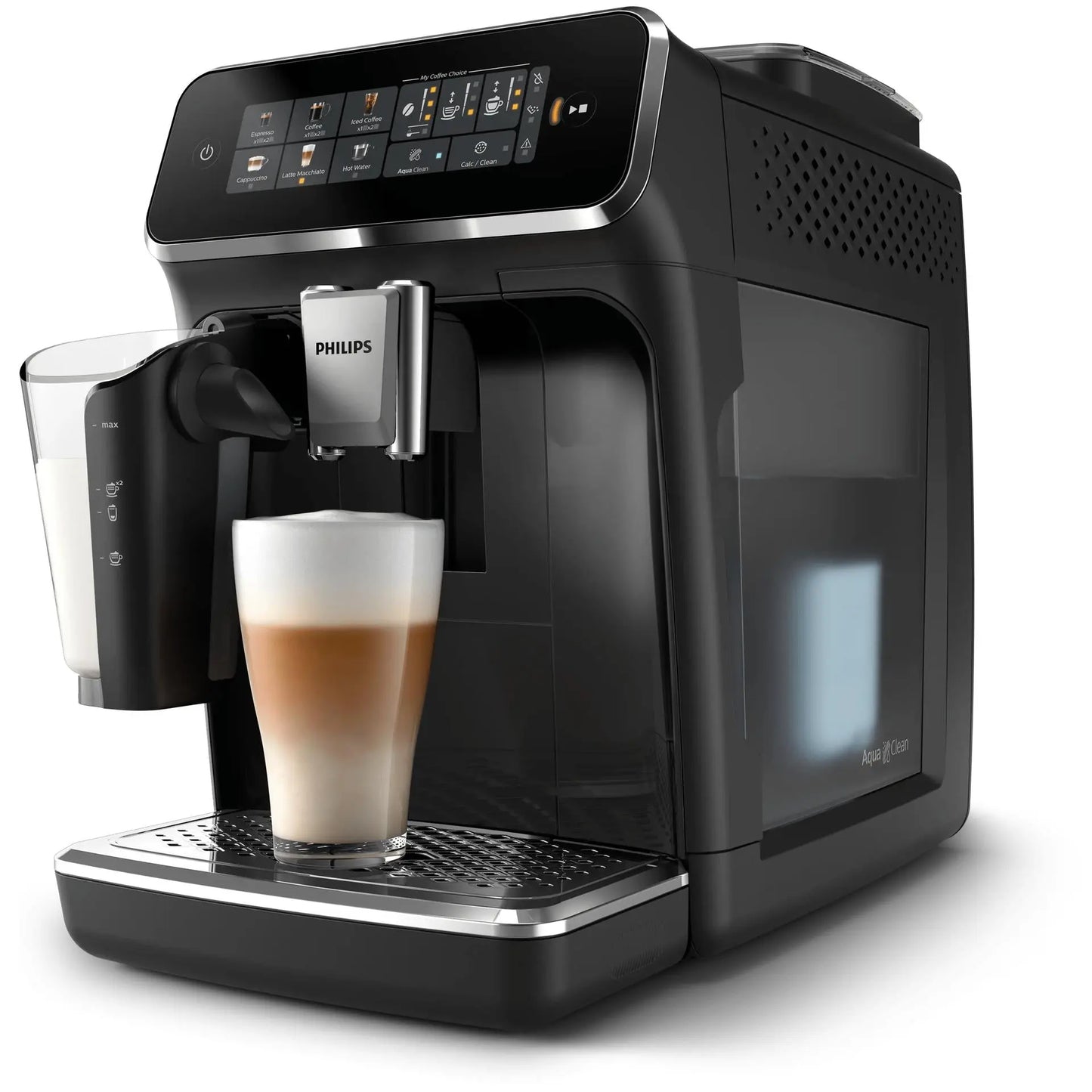 Philips 3300 EP3341/50 LatteGo - Kaffeevollautomat in action with a latte in a glass.