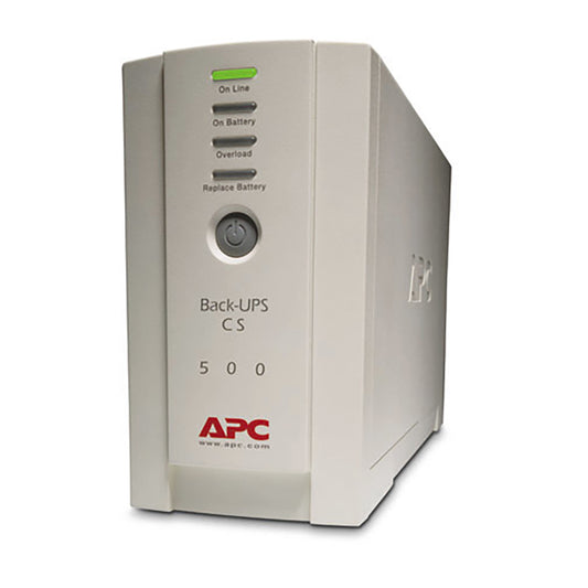 APC Tower Back-UPS 500 front view with power indicators and APC logo