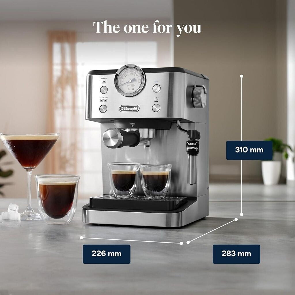 De'Longhi Siebträgermaschine Classic EM450.M, Espressomaschine mit professionellem Milchaufschäumer, Vollmetallgehäuse, 15 Bar, 1,7 l Wassertank, Edelstahl/Metall